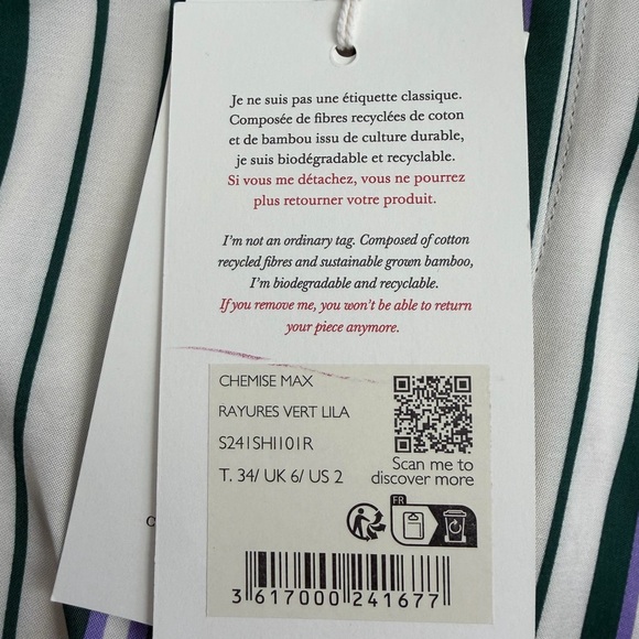 Sezane NWT Max Striped Shirt Green Purple Relaxed Fit Women's Size 34 US Size 2 - Picture 8 of 12